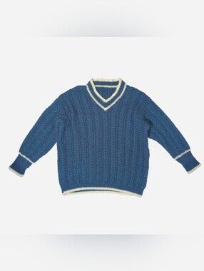 Hand made classic blue‎ & white cable-knit cricket sweater Size Large